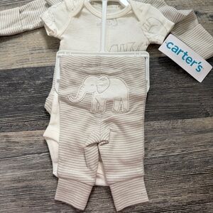 Carter’s Preemie Baby 3 Pc Bundle Set Elephant Bodysuit Pants Neutral Beige